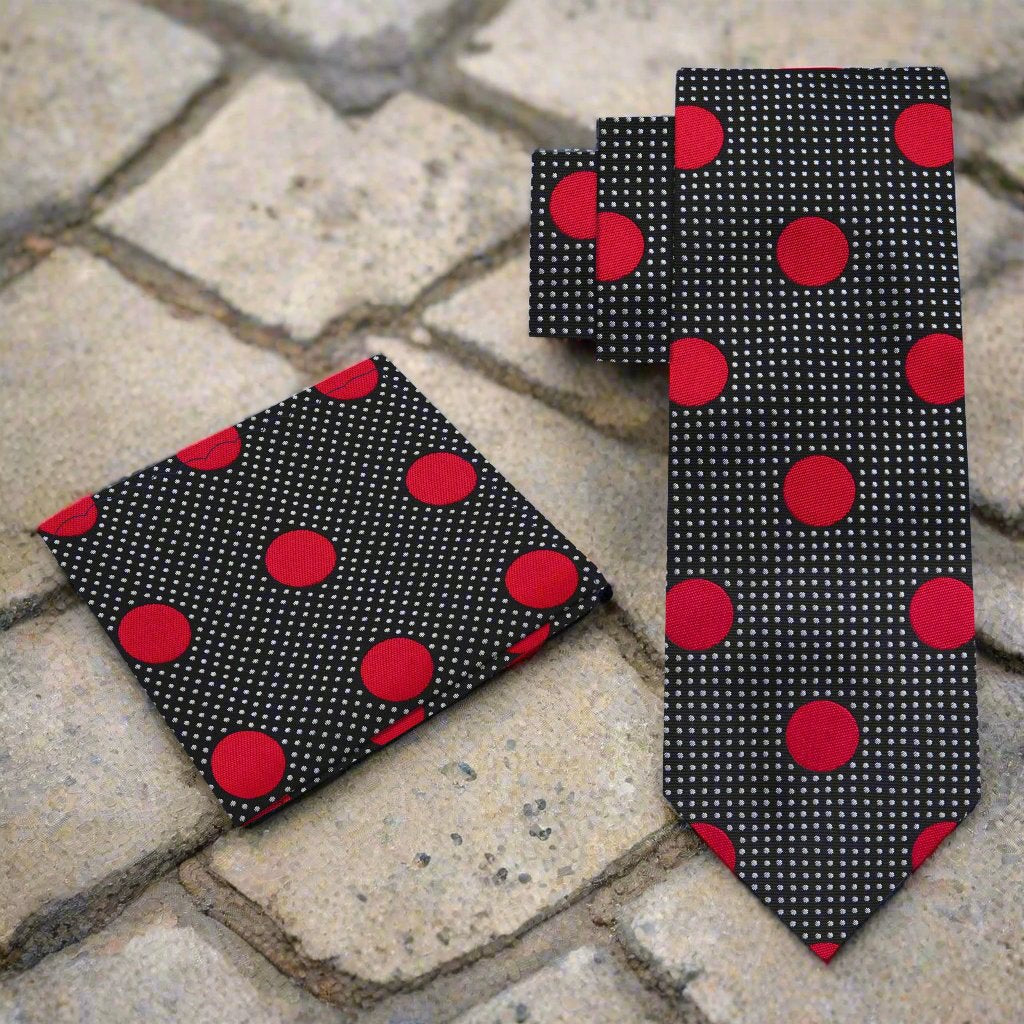 Alt View: A Black, Red Dots Pattern Silk Necktie, Matching Pocket Square