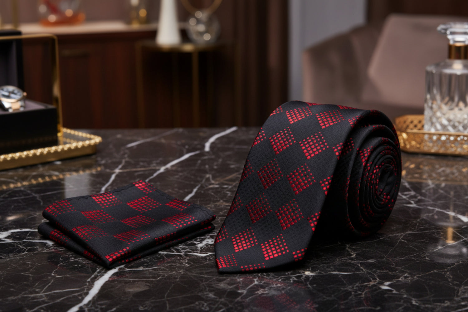 Alt view; Black, Red Geometric Diamonds Tie and Pocket Square