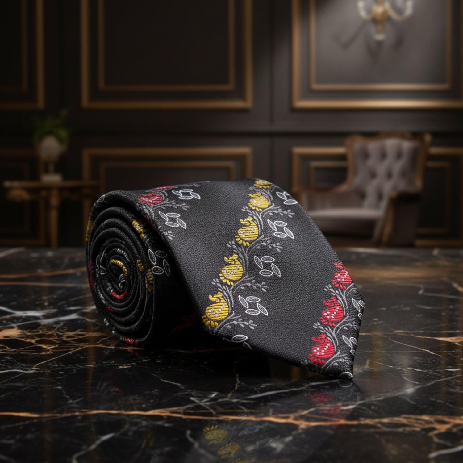 Black, Yellow, Red Paisley Tie  