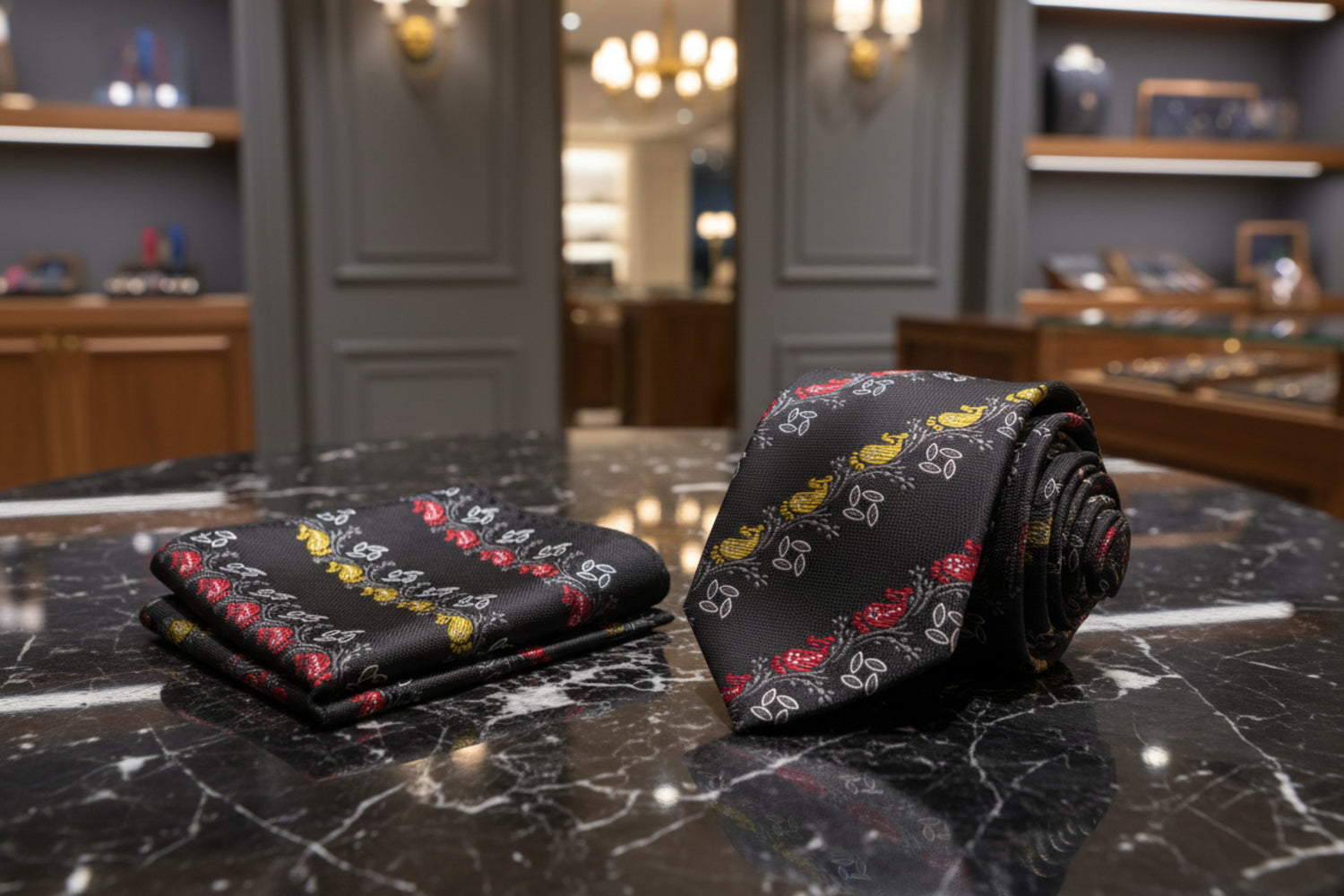 Alt View: Black, Yellow, Red Paisley Tie and Pocket Square