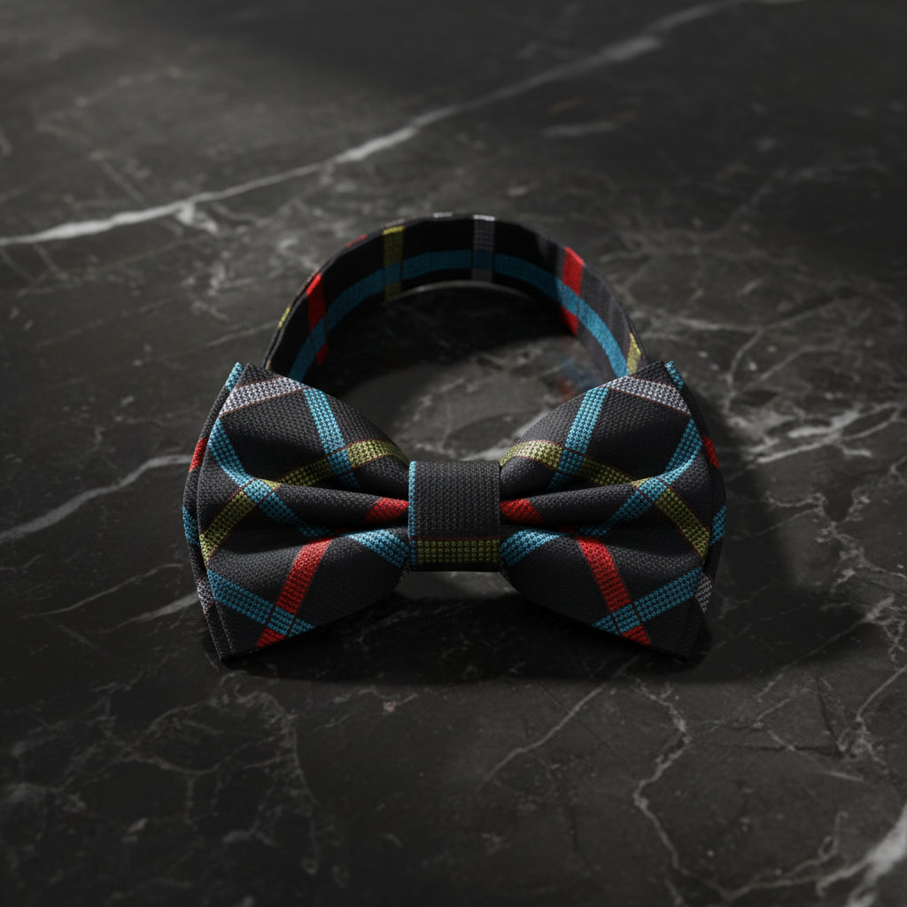 Black, Red, Yellow and Grey Plaid Bow Tie pre Tied