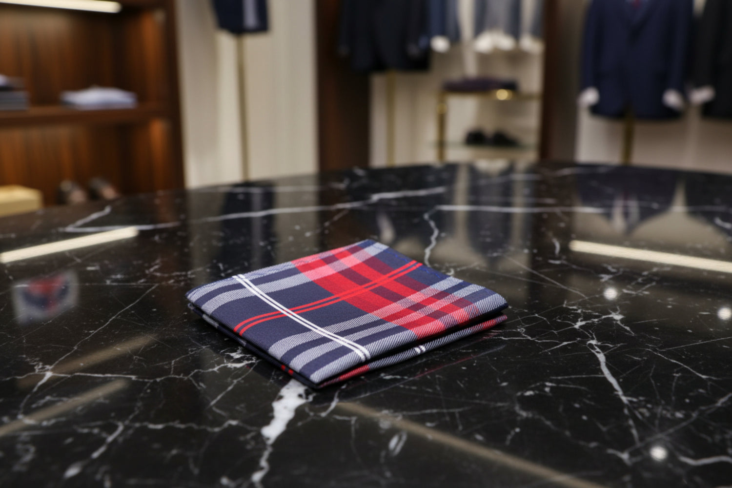 A Black, Red, White Plaid Pattern Silk Pocket Square