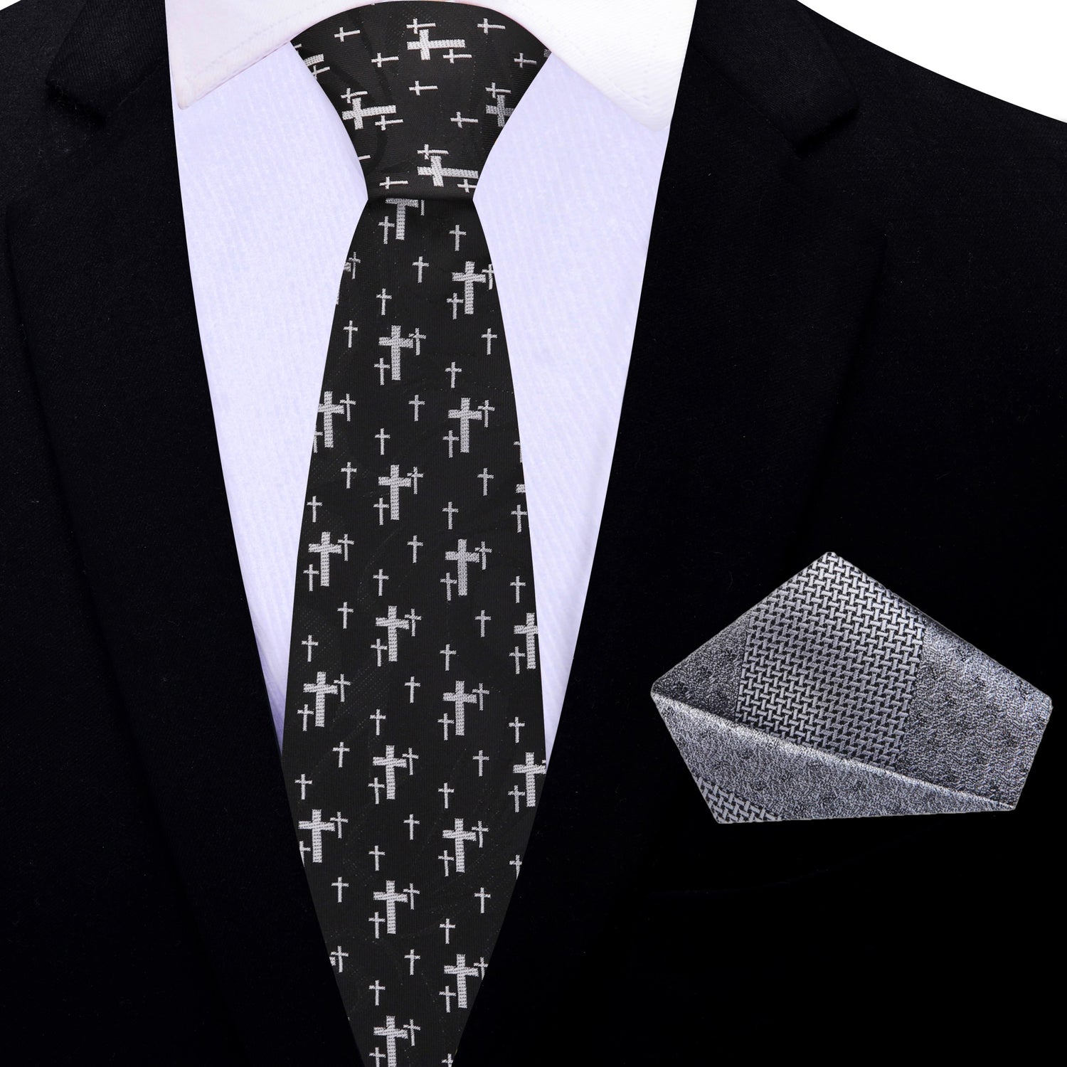 Thin Tie: Black, Silver Crosses Necktie with Silver Pocket Square