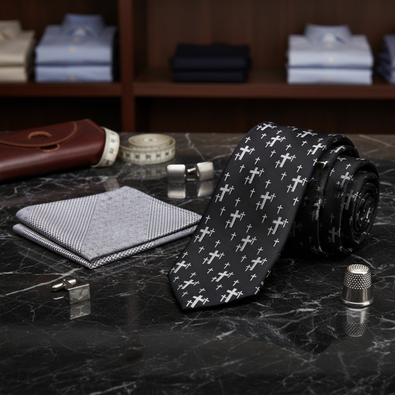 Alt View: Black, Silver Crosses Necktie with Silver Pocket Square
