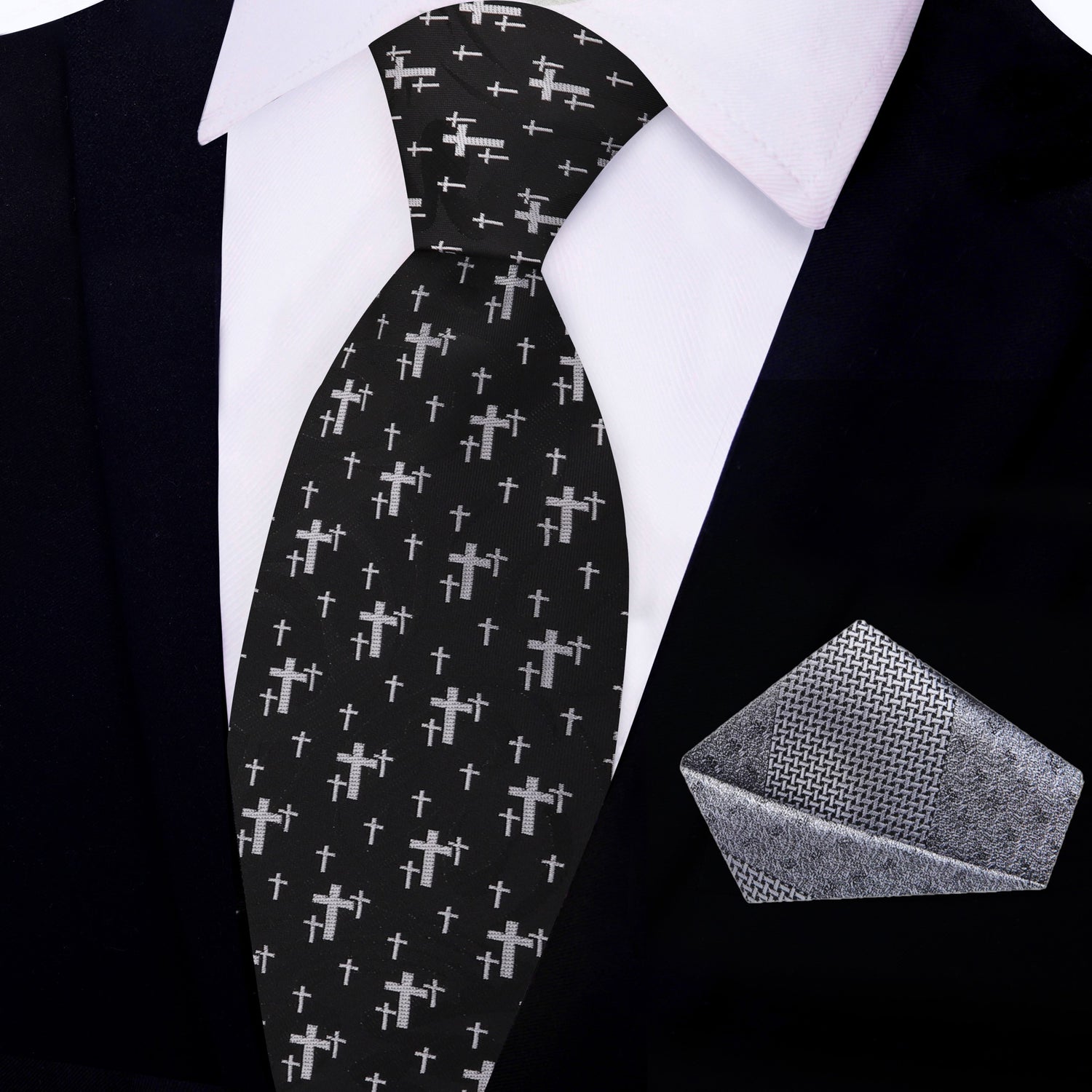 View 2: Black, Silver Crosses Necktie with Silver Pocket Square