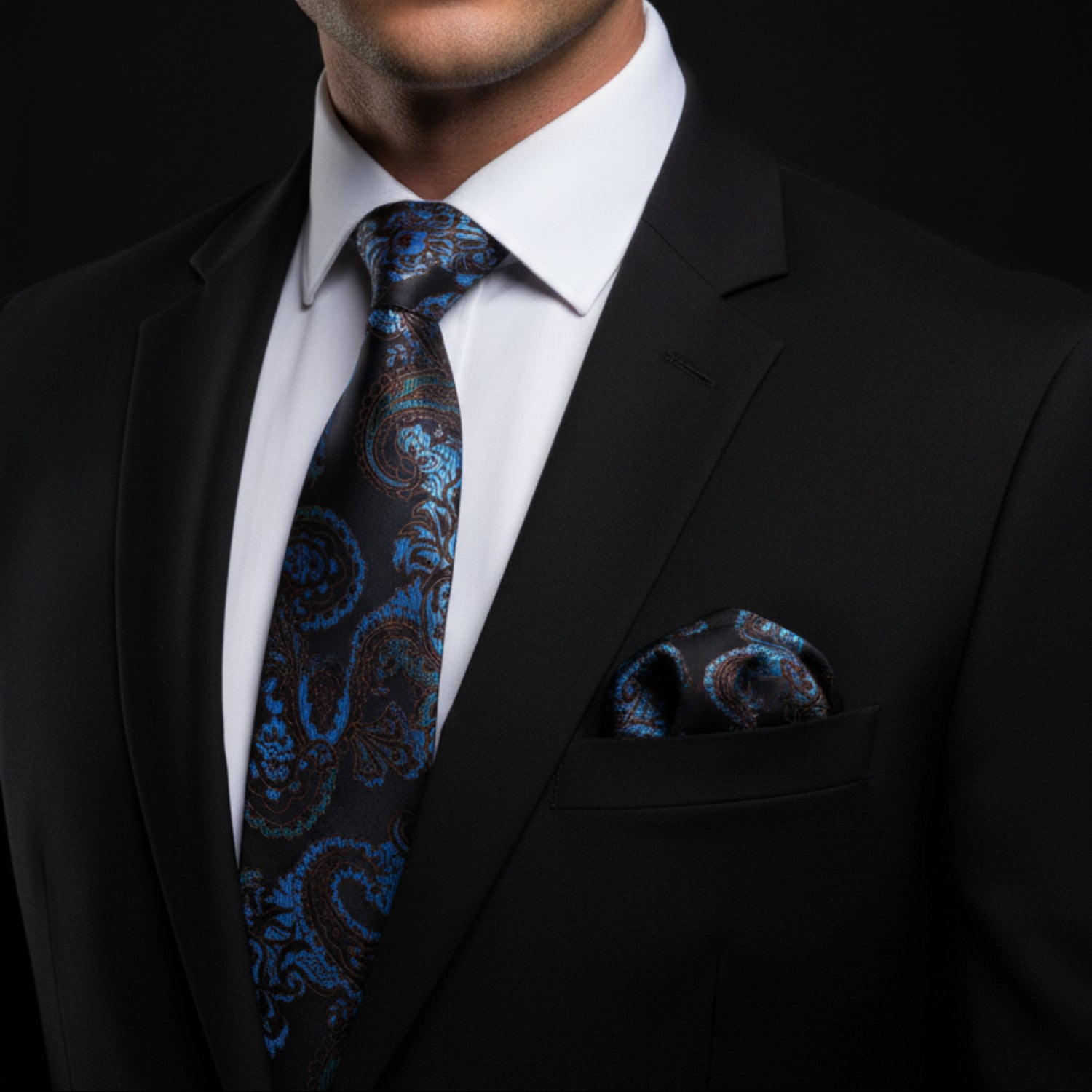 Alt View: Black, Teal Paisley Tie and Pocket Square