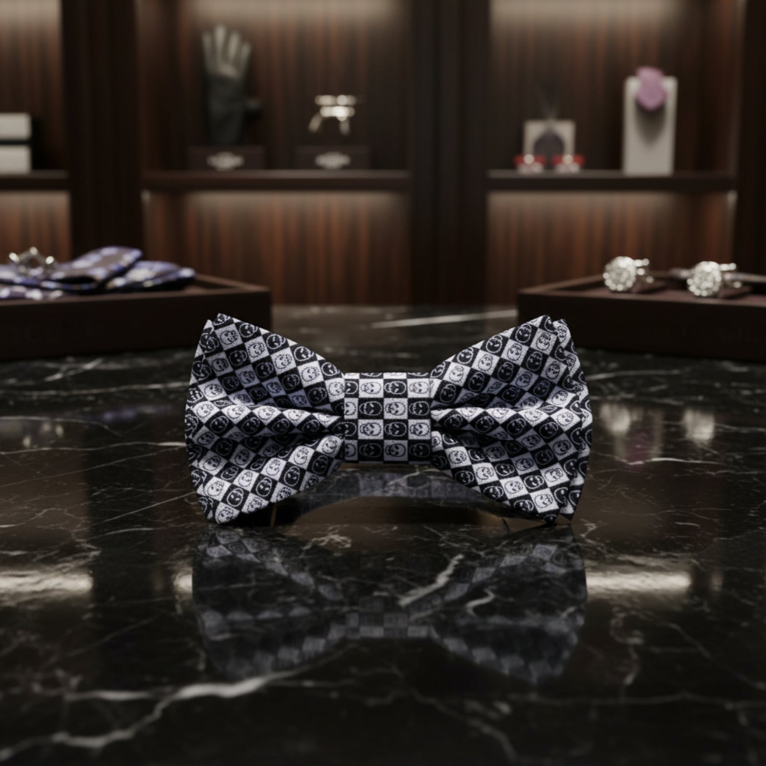 Black, White Checkered Skull Bow Tie 