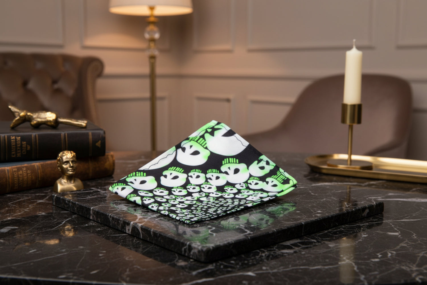 Main View: Black, Off white, Green Skulls Pocket Square