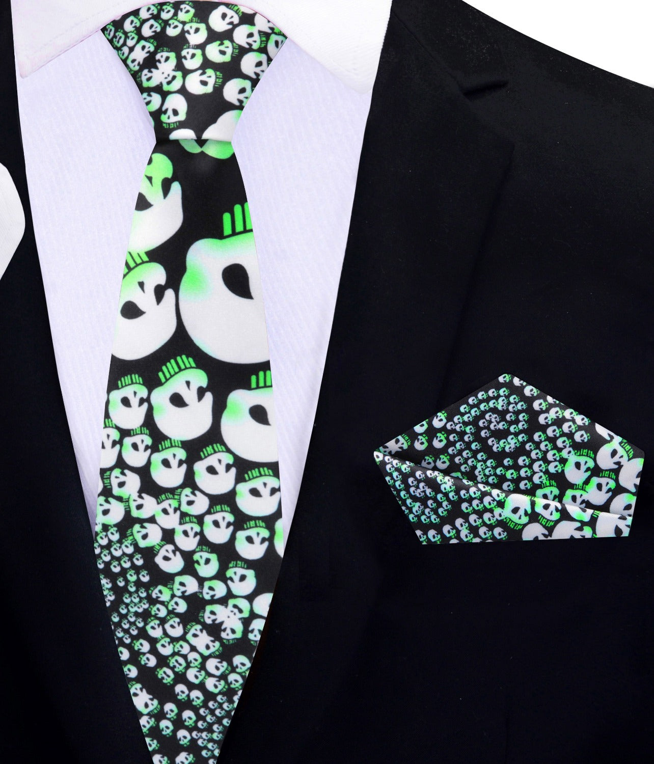 Thin Tie View of Black Tie, Light Green, Off-White Skulls in a Swirl Tie and Pocket Square