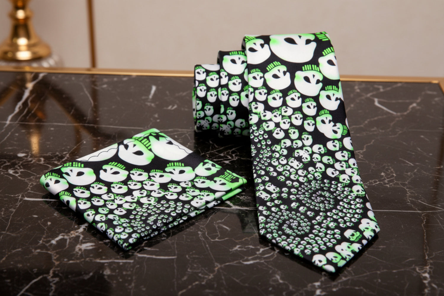 Alt View  Black Tie, Light Green, Off-White Skulls in a Swirl Tie and Pocket Square