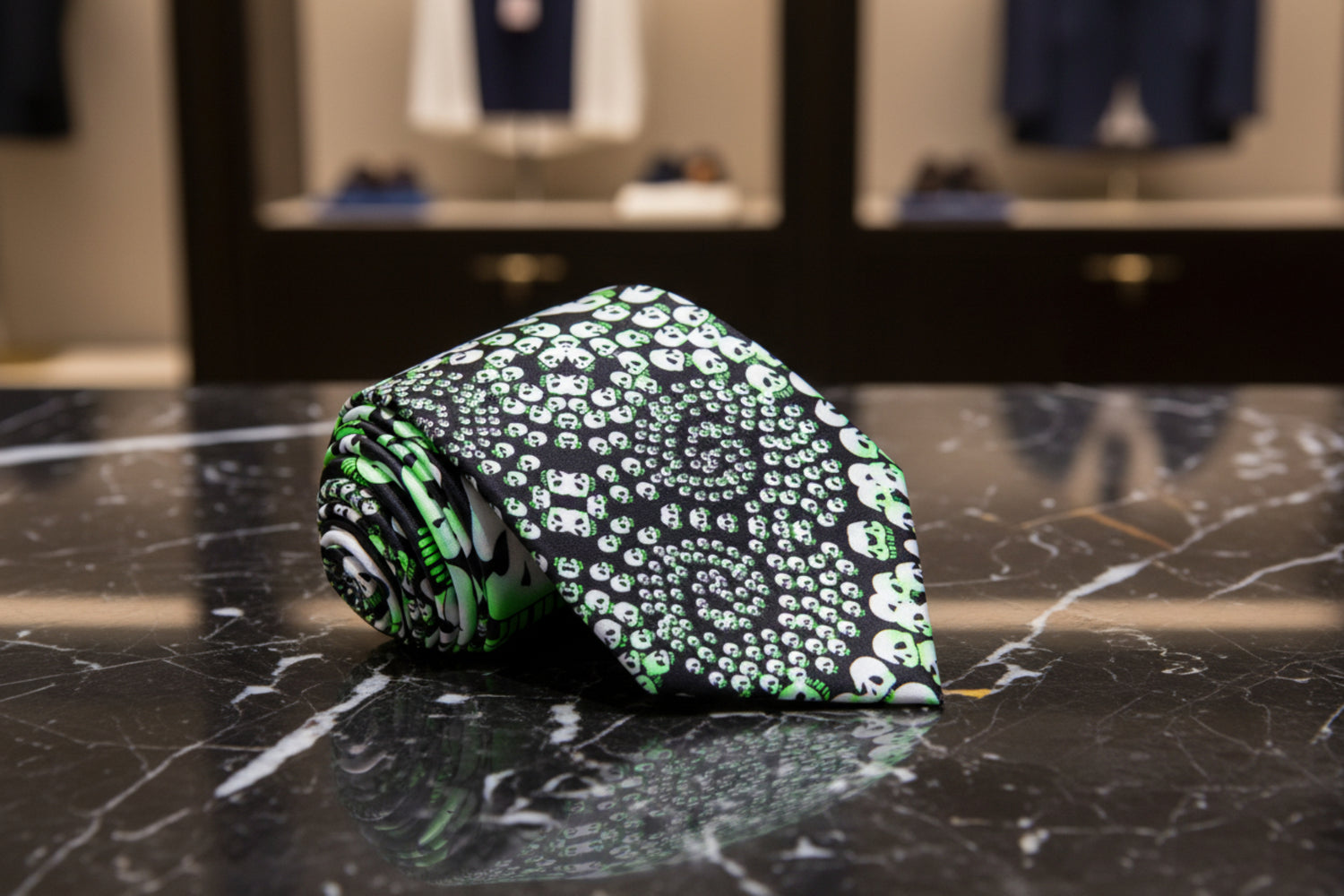 Black Tie, Light Green, Off-White Skulls in a Swirl Tie 
