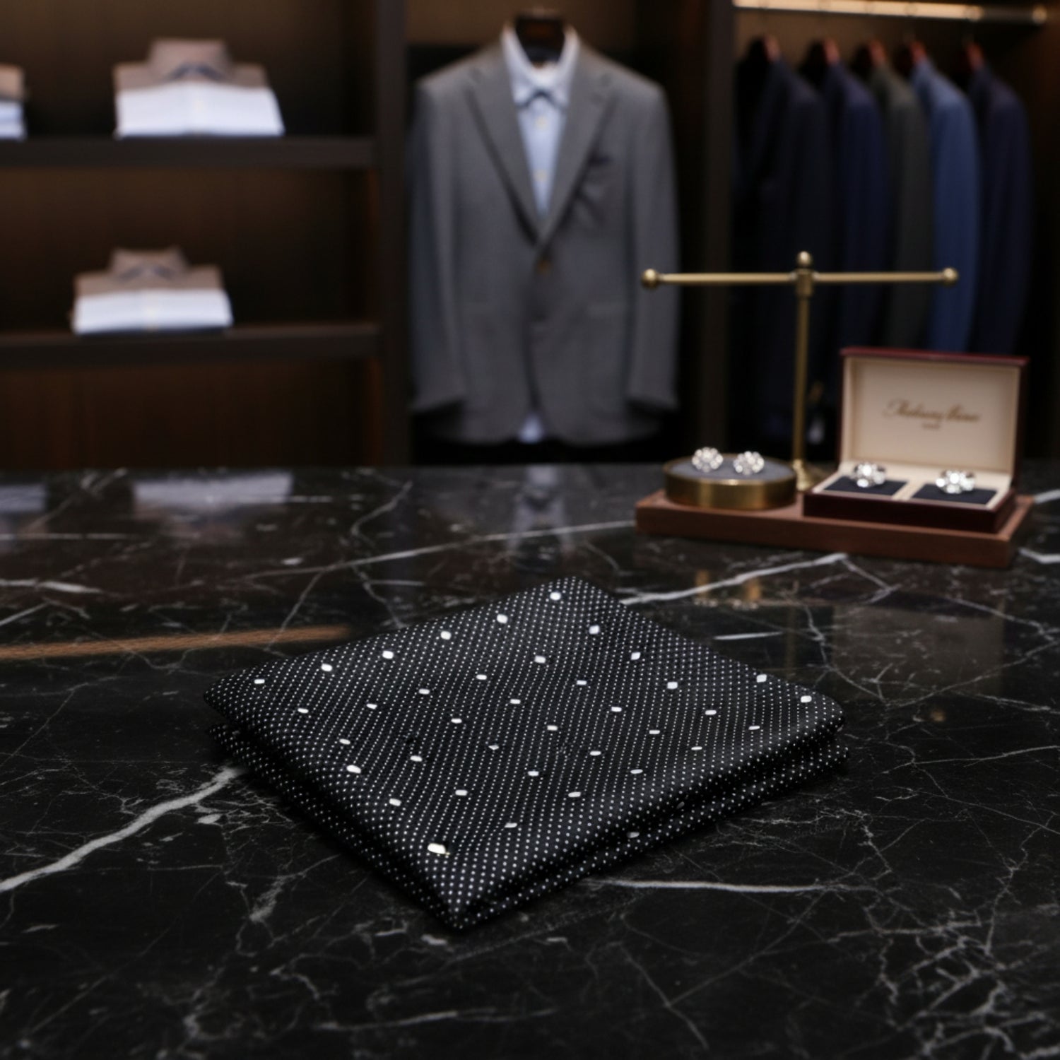A Black with White Polka Dot Pattern Pocket Square