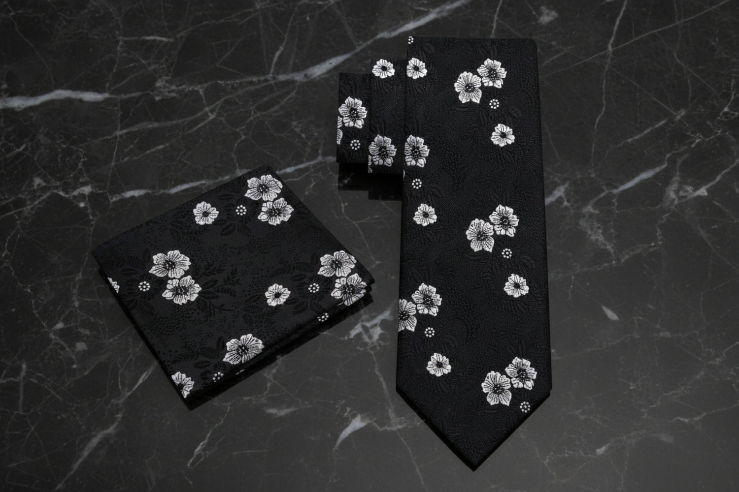 Alt View: Black, White Floral Tie and Pocket Square