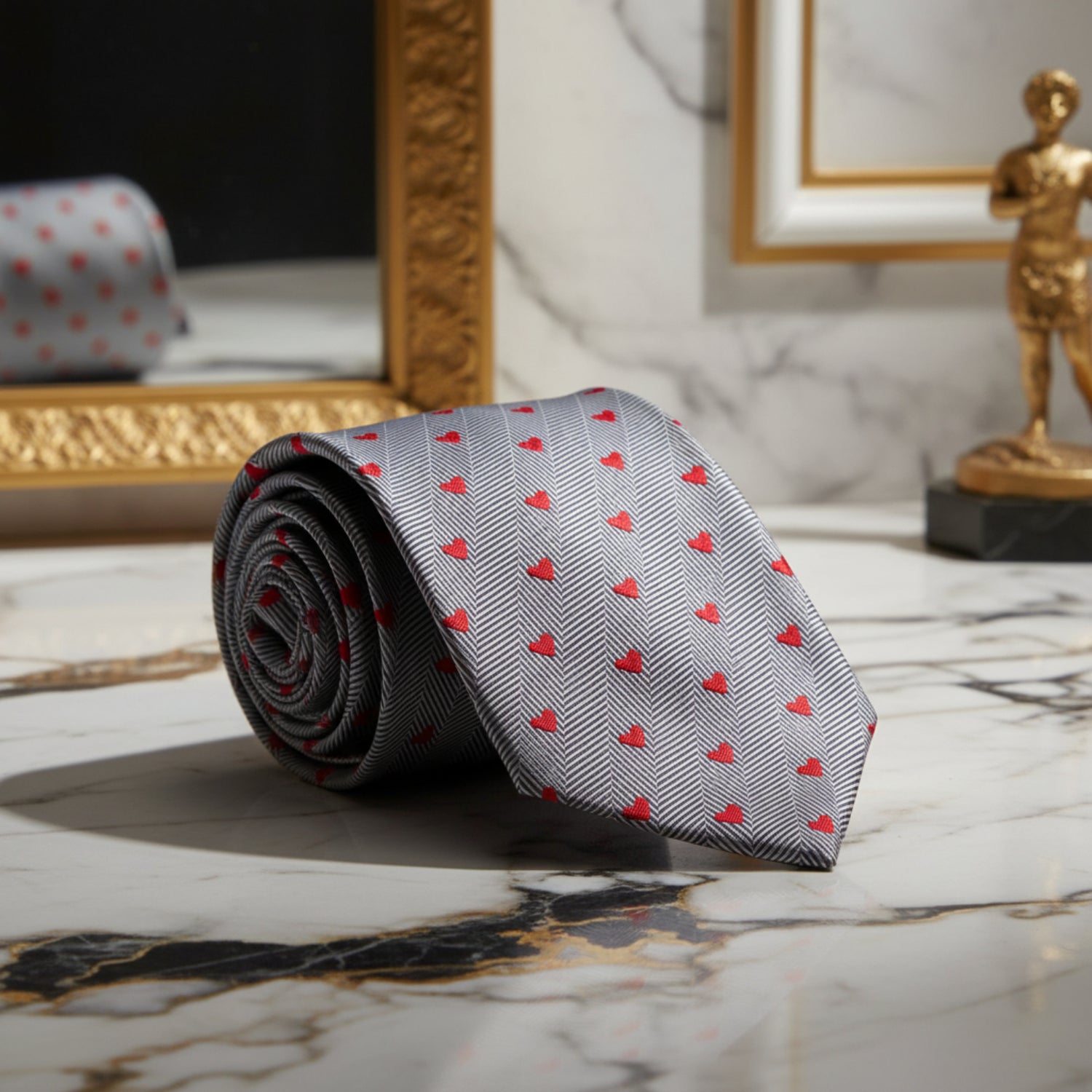 Black, Red, Grey Herringbone and Hearts Necktie 