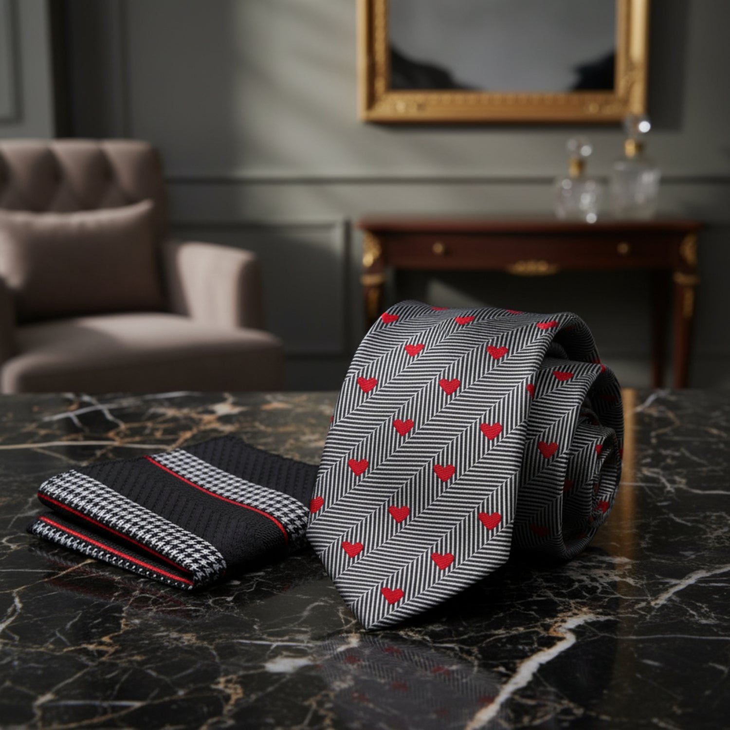 Alt View: Black, Red, Grey Herringbone and Hearts Necktie with Accenting Square