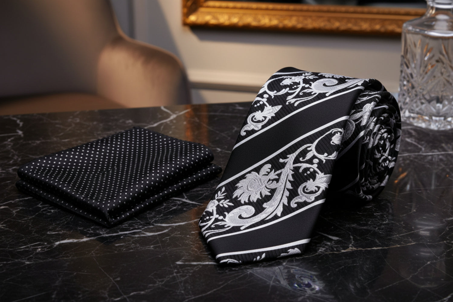 Alt View: Black, Grey, White Floral Tie and Accenting Pocket Square