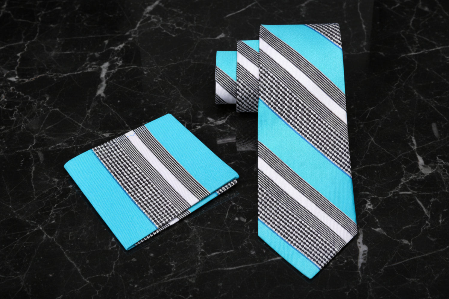 Alt View: A Light Blue, Grey, White Color Stripe Pattern Tie, Pocket Square