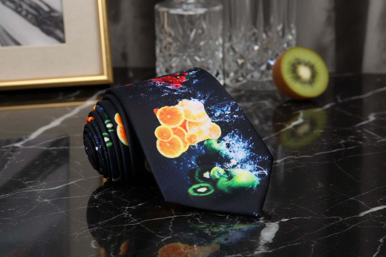 Black With Multiple Bright Colors Fresh Fruit Necktie 