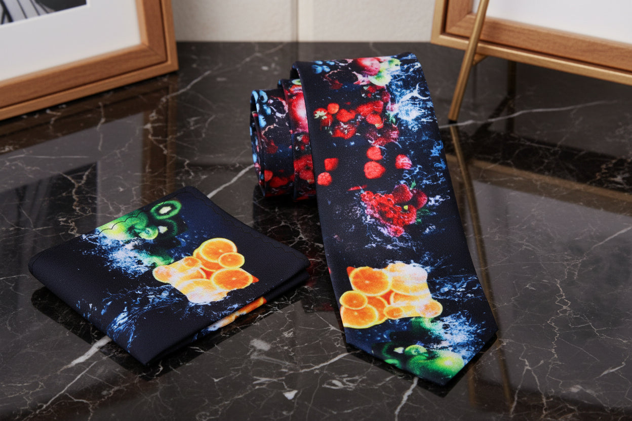 Alt View: Black With Multiple Bright Colors Fresh Fruit Necktie and Pocket Square