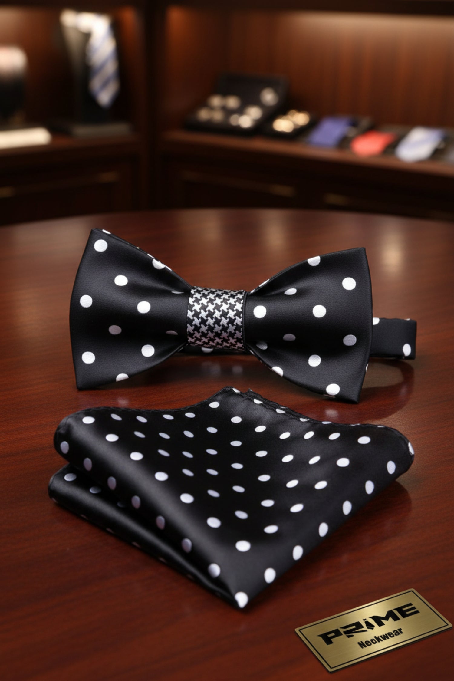 Black, White Dots and Hounds-tooth Bow Tie and Pocket Square