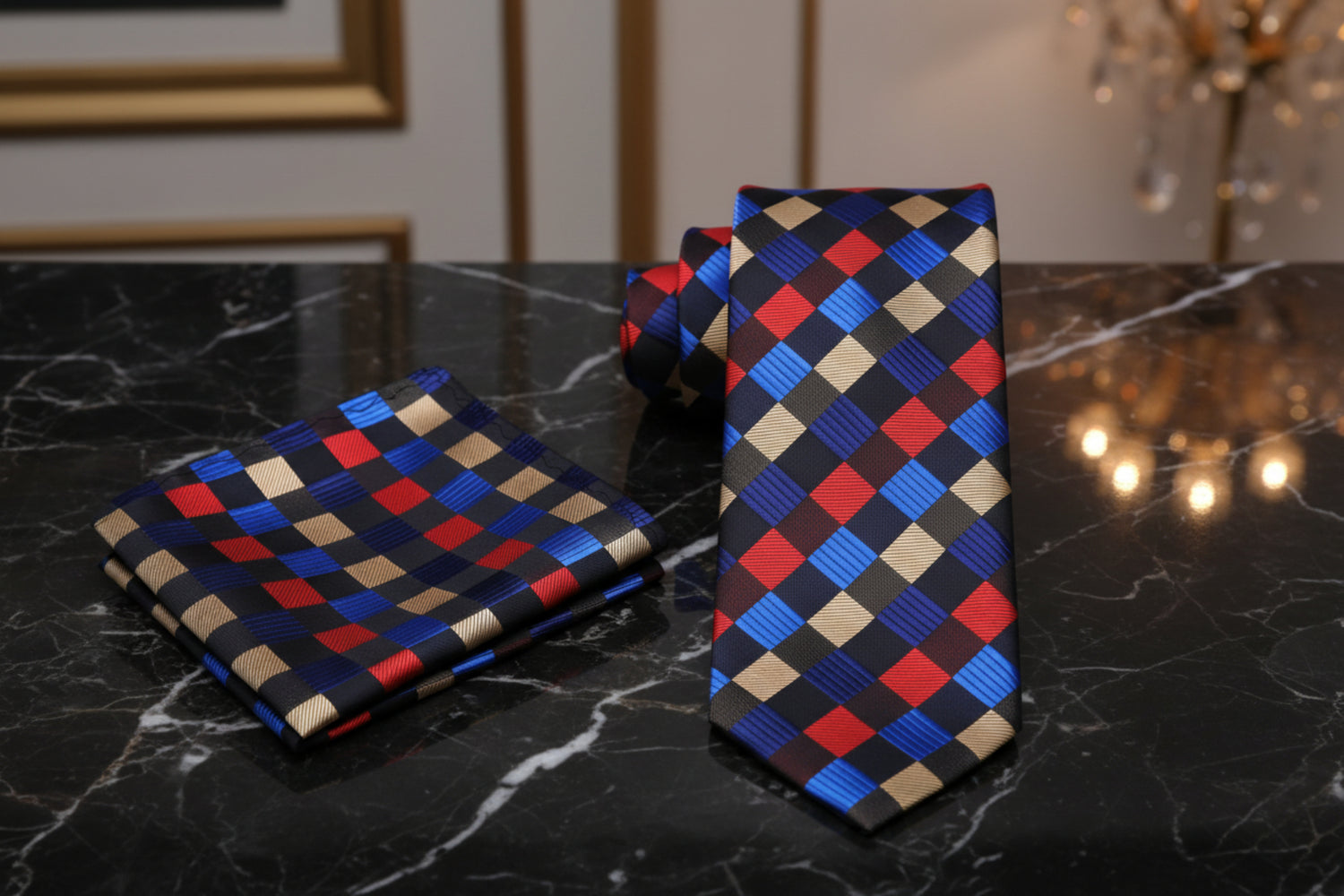 Alt View: A Black, Red, Blue, Yellow Geometric Diamond Pattern Necktie, Matching Pocket Square
