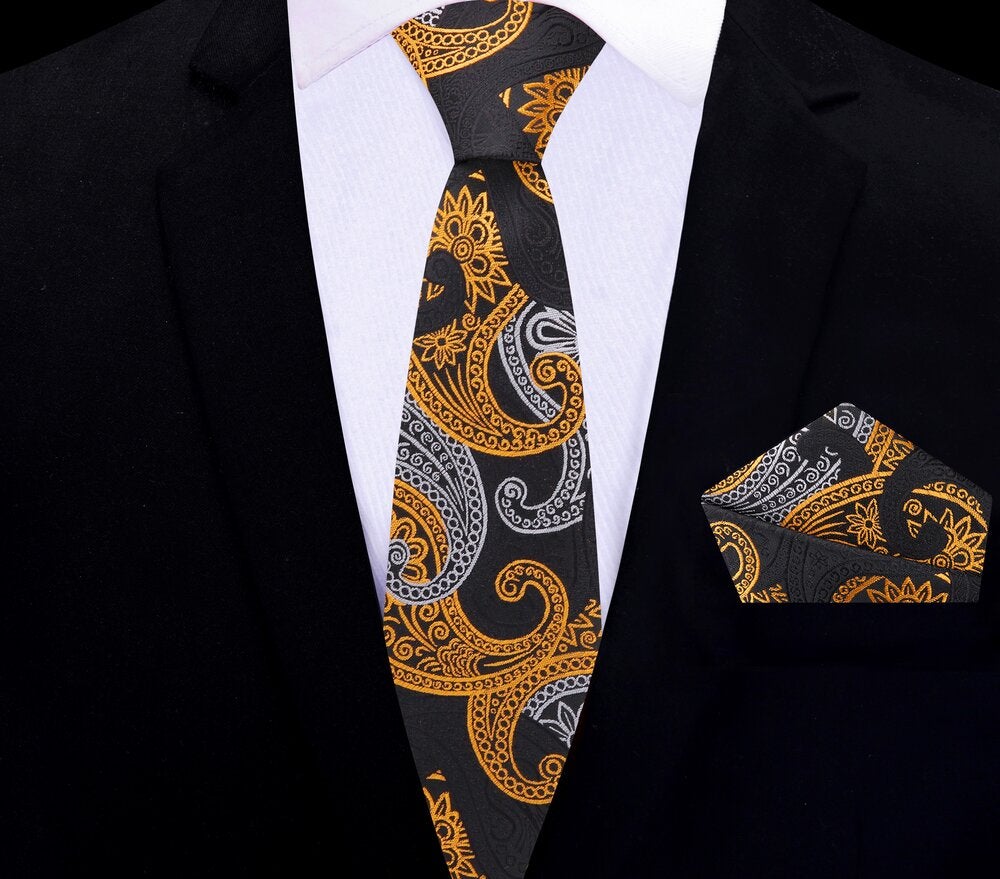 Black, Gold, Grey Paisley Thin Tie and Pocket Square