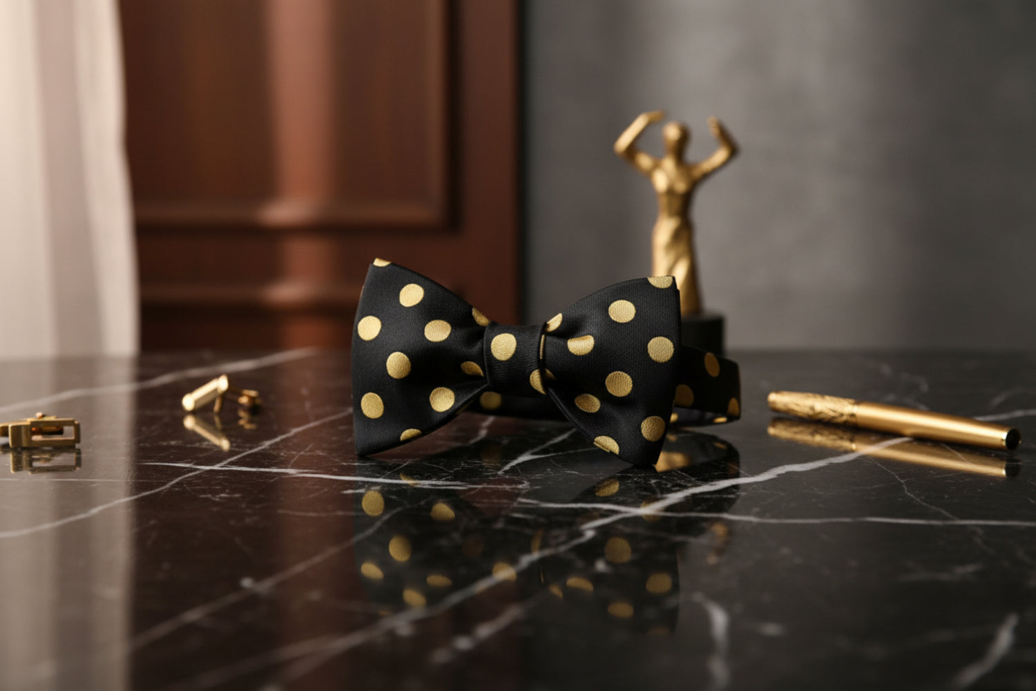 A Black, Gold Polka Pattern Self Tie Bow Tie Bow Tie 