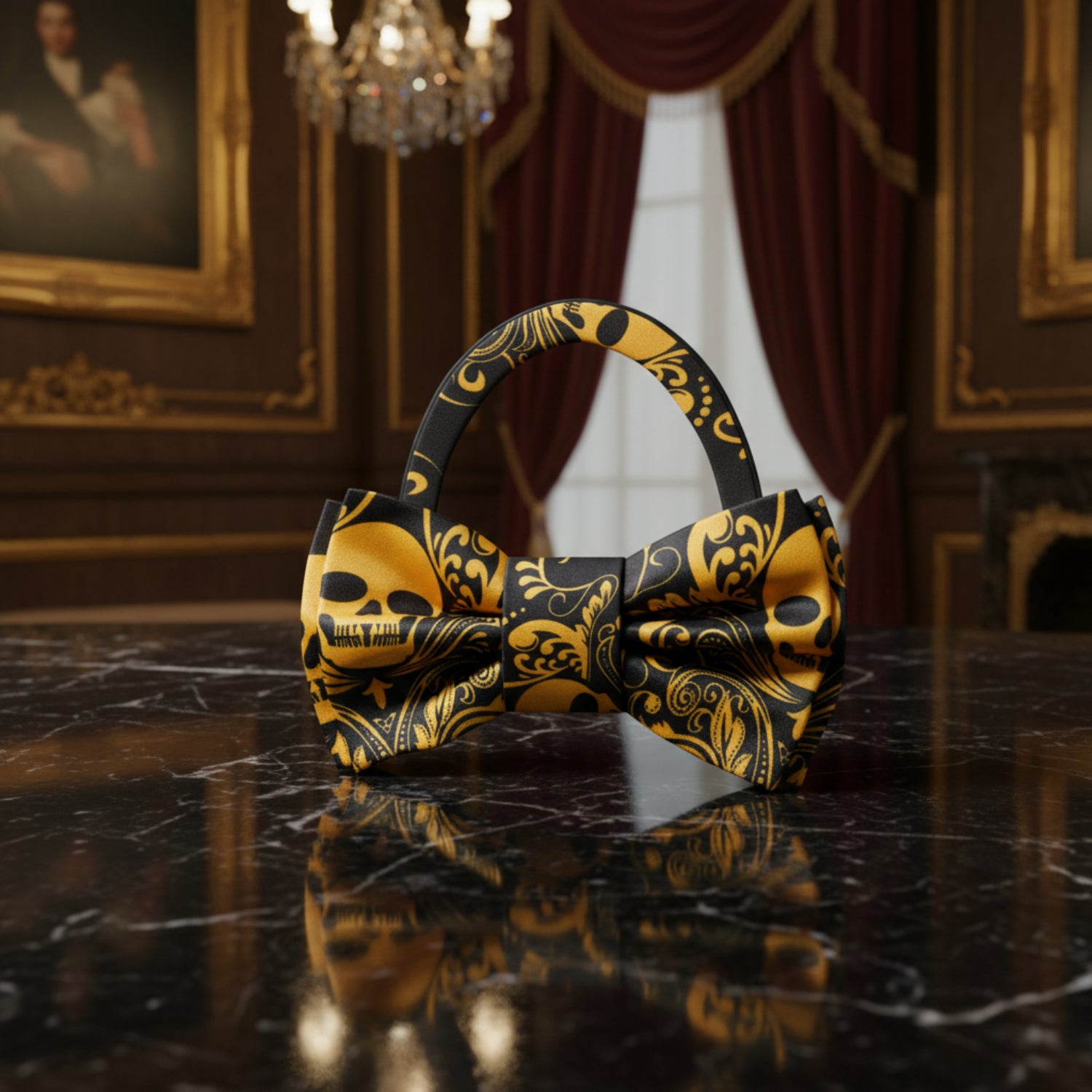 Black and Yellow Skull Bow Tie Pre Tied