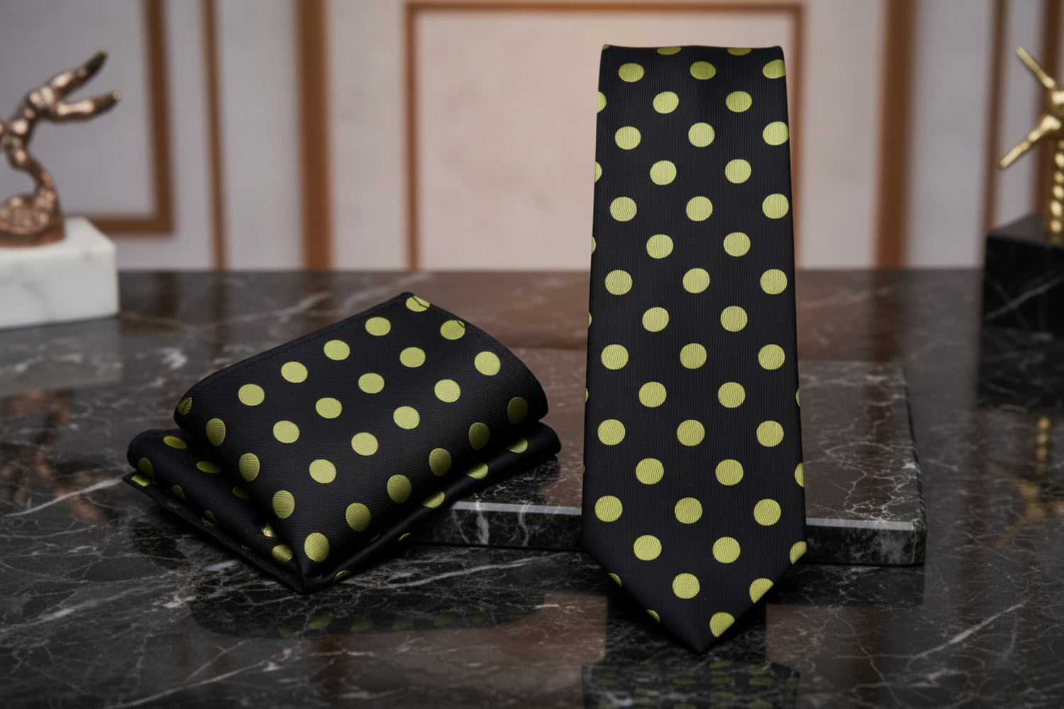 Alt View: A Black, Yellow Polka Dot Pattern Necktie, Matching Pocket Square