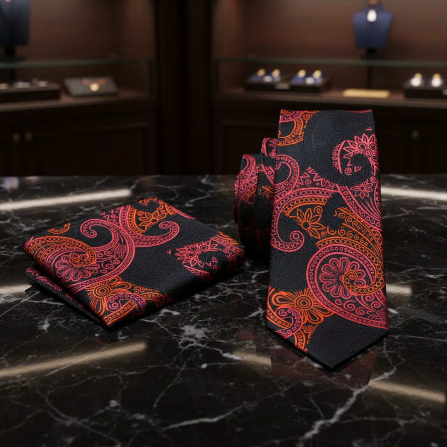 Alt View: Black, Pink, Orange Paisley Tie and Pocket Square