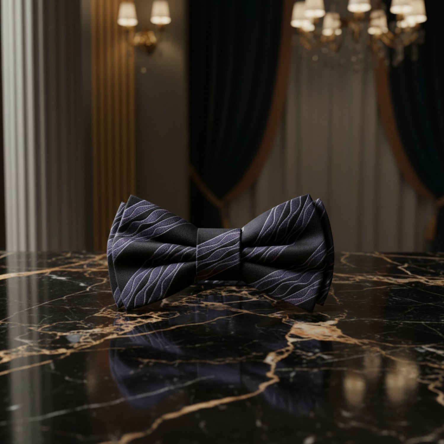 Black, Grey Wavy Lines Bow Tie with city in background