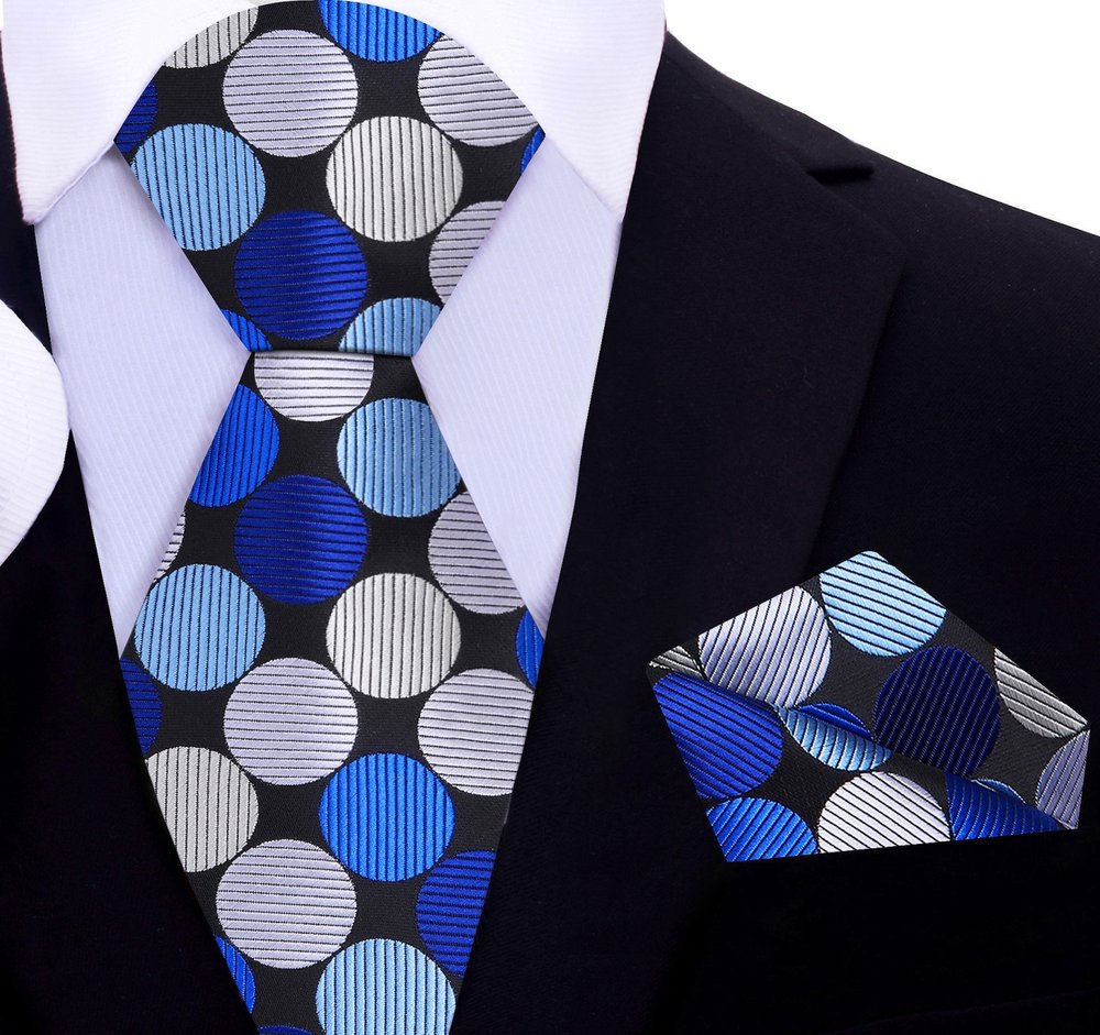 A Black, Grey, Blue, Dark Blue Large Polka Dot Pattern Silk Necktie With Matching Pocket Square||Black, Dark Blue, Silver