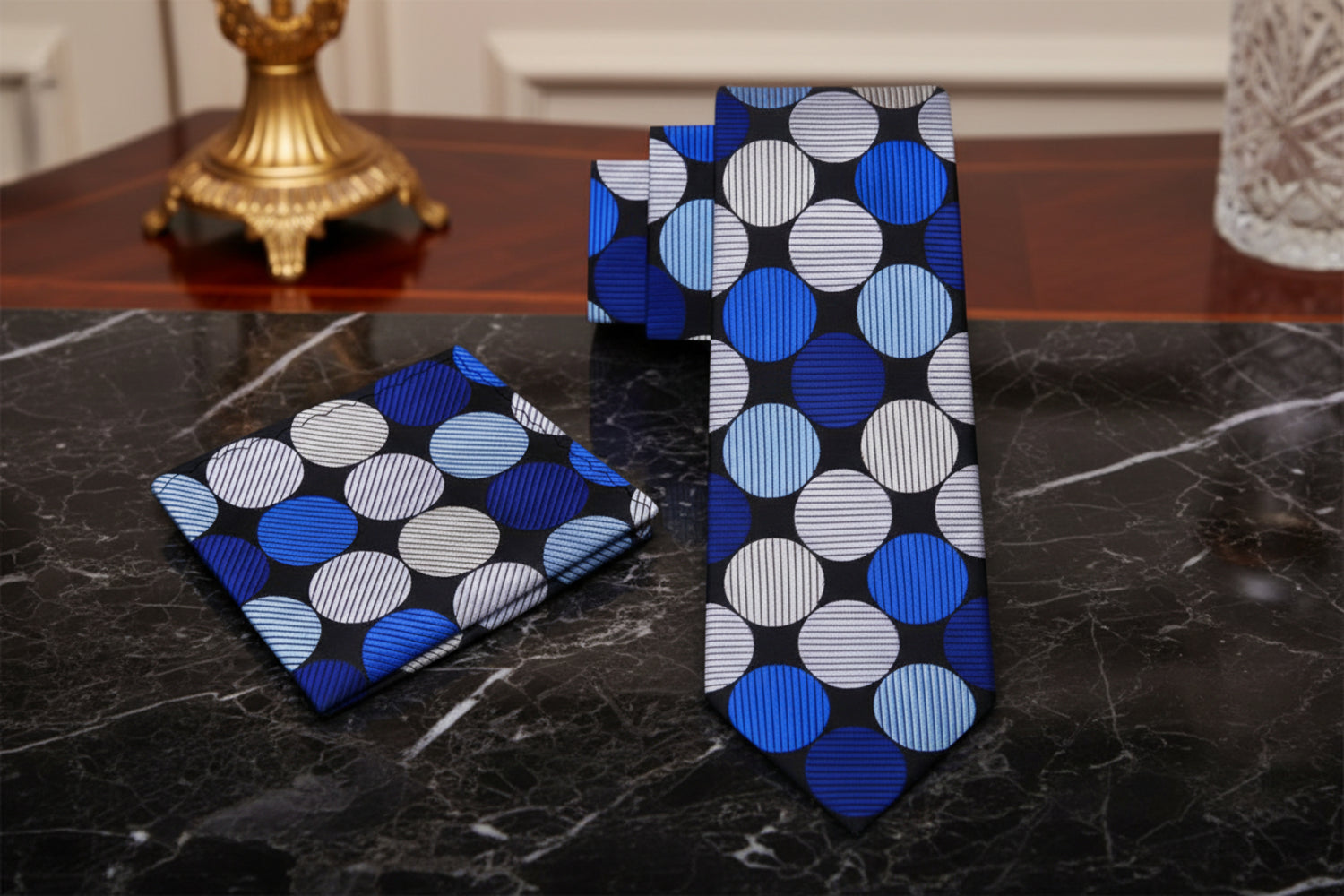 Alt View: A Black, Grey, Blue, Dark Blue Large Polka Dot Pattern Necktie With Matching Pocket Square