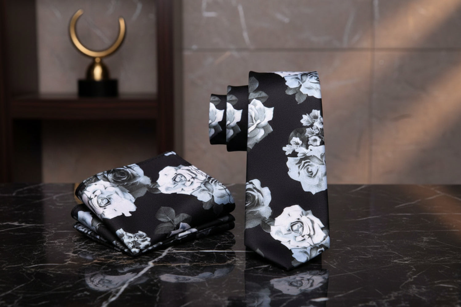 A Black, White, Silver Bold Roses With Leaves Pattern Silk Necktie Set, Matching Pocket Square||Black with White, Silver Floral