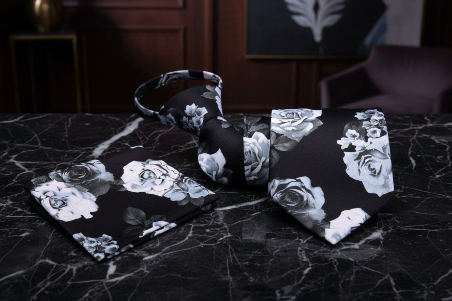 Zipper: A Black, White, Silver Bold Roses With Leaves Pattern Zipper Necktie Set, Matching Pocket Square||Black with White, Silver Floral