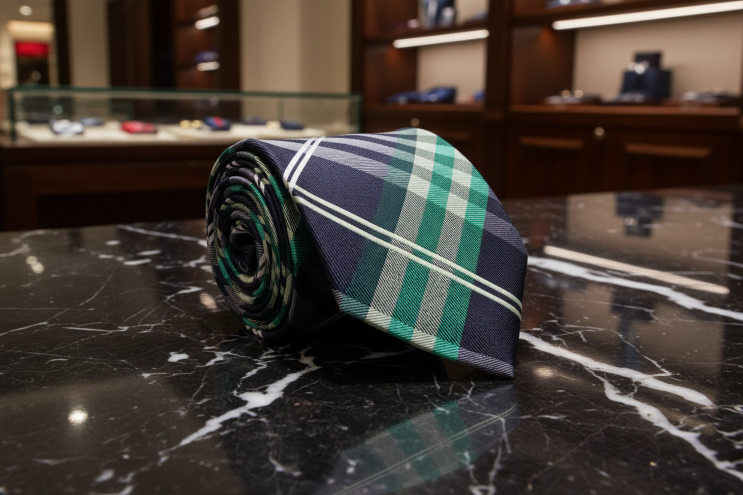 A Black, Green, White Plaid Pattern Necktie  ||Green, Black, White