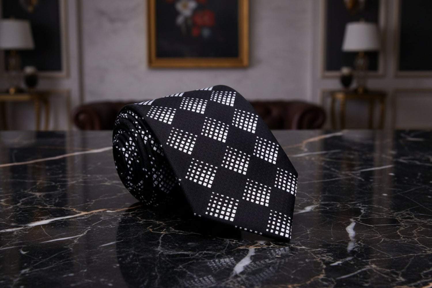 A Black, White Geometric Diamond Pattern Necktie 