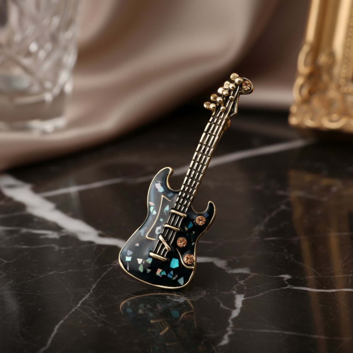 A Black with Stones Guitar Lapel Pin