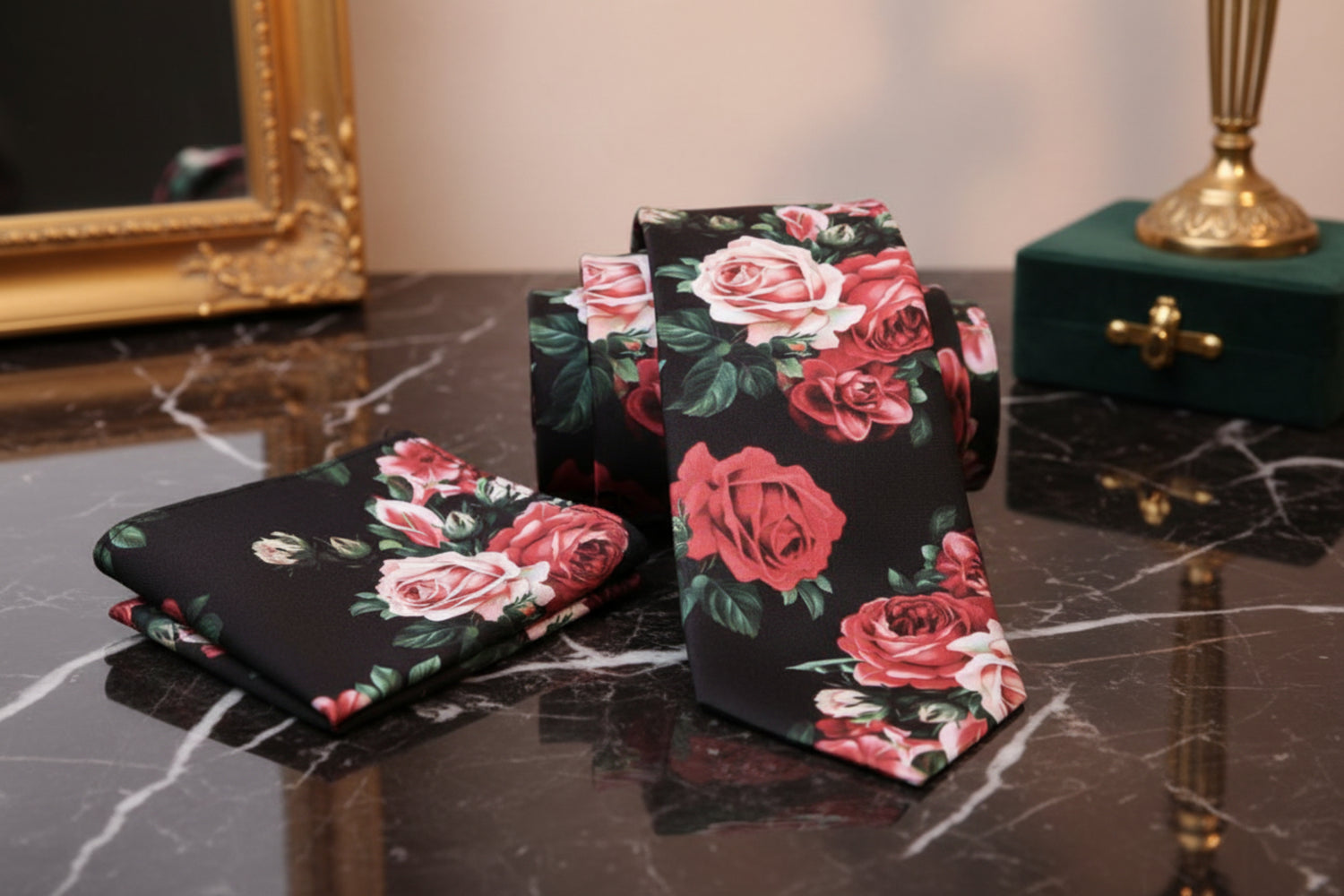 A Black, Red, Pink Bold Roses With Leaves Pattern Necktie, Matching Pocket Square||Black with Red, Pink Floral