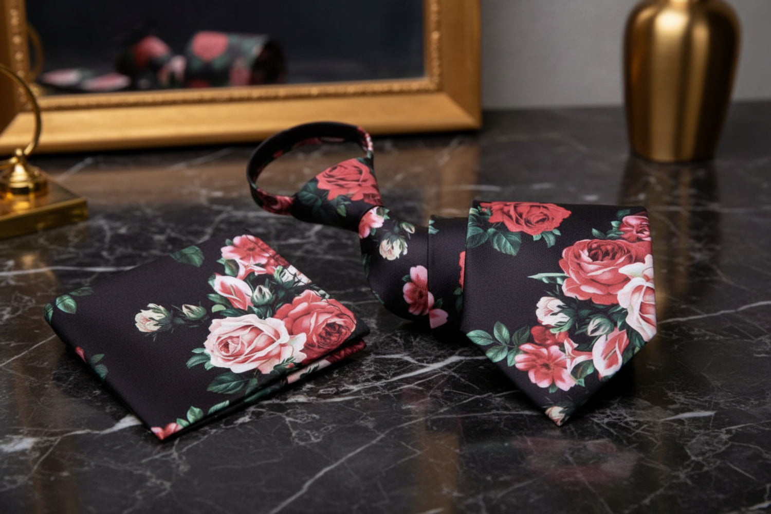 A Black, Red, Pink Bold Roses With Leaves Pattern Zipper Necktie, Matching Pocket Square ||Black with Red, Pink Floral