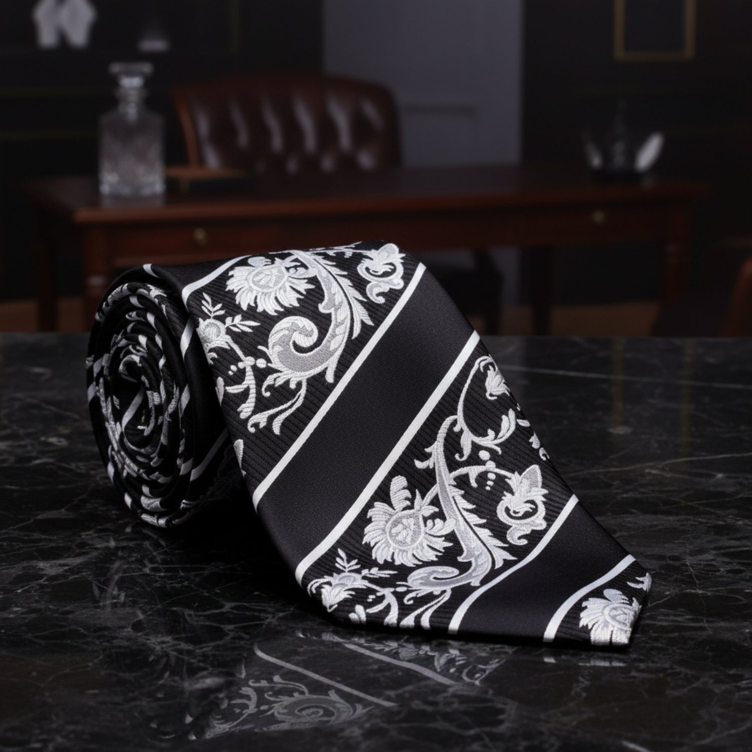 Black, Grey, White Floral Tie 