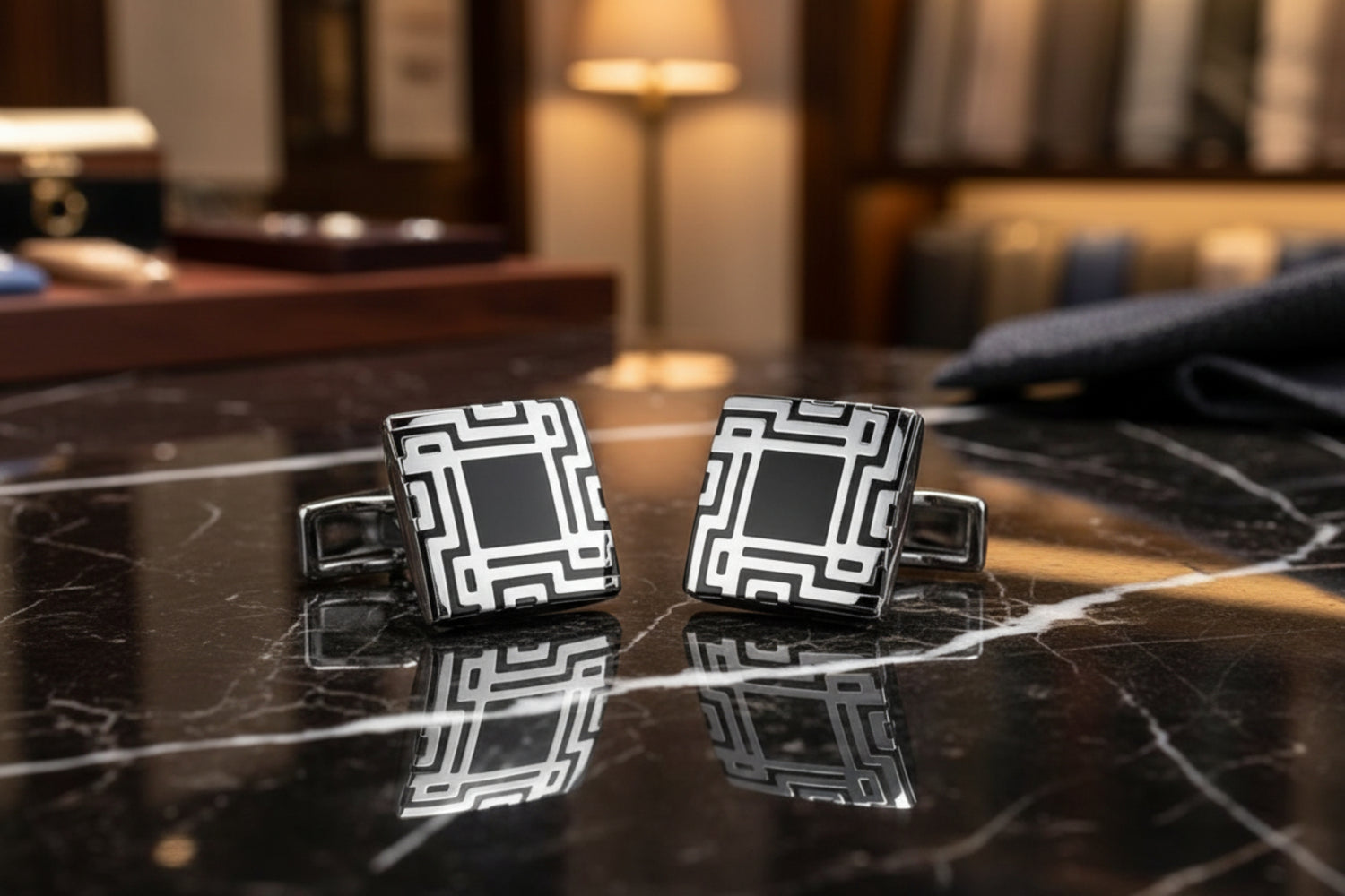 A Chrome, Black Color with Square Shape and Intricate Geometric Shape Cuff-links