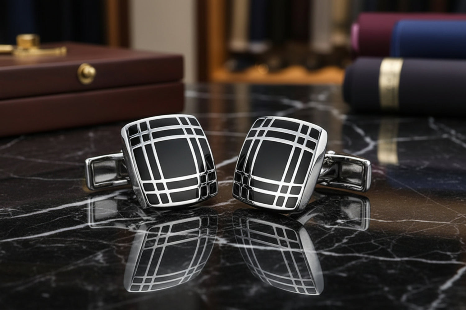 A Black, Chrome Color With Square Shape and Geometric Lines Design Cuff-links