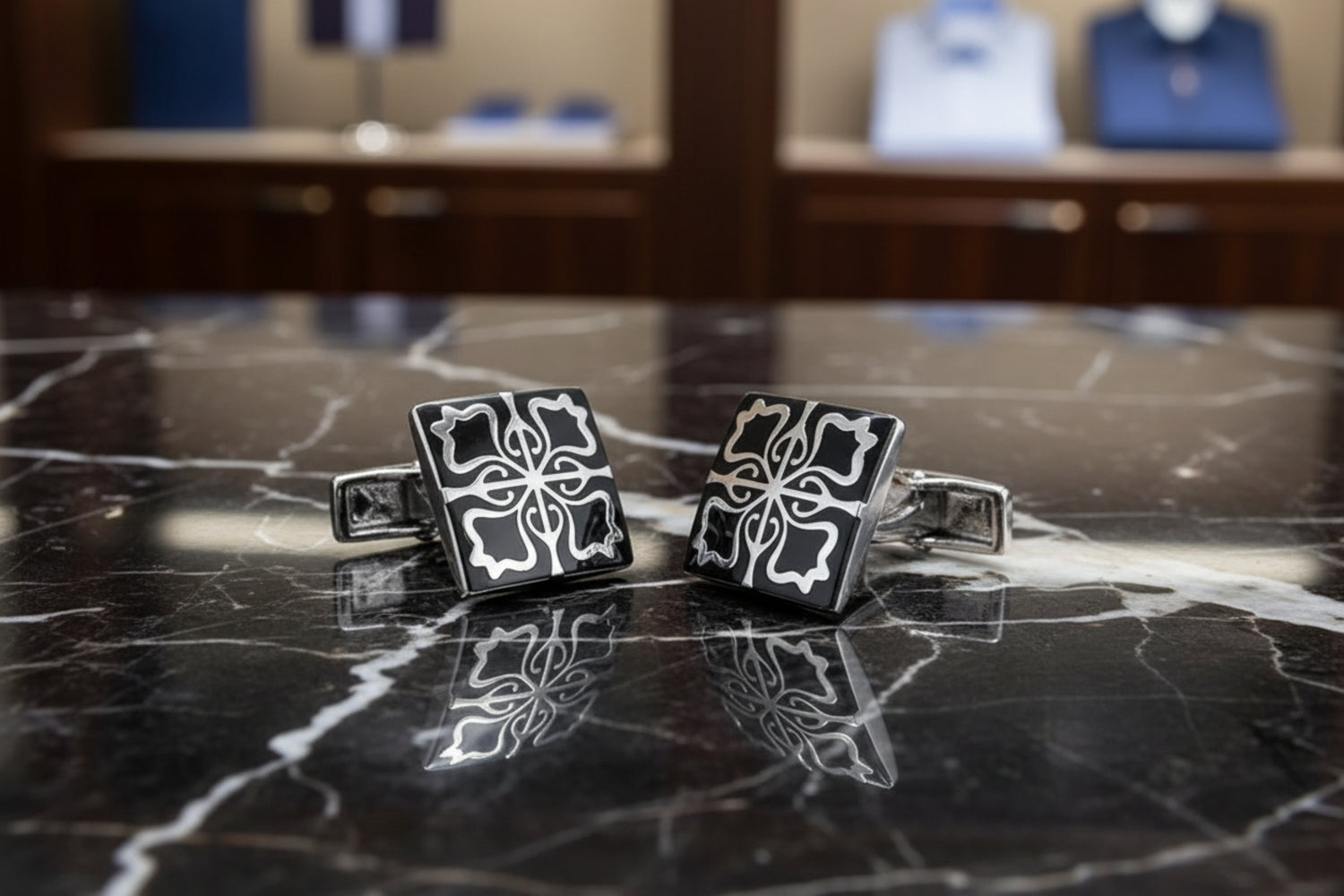 A Black, White Color with Intricate Pattern Shaped Cuff-links