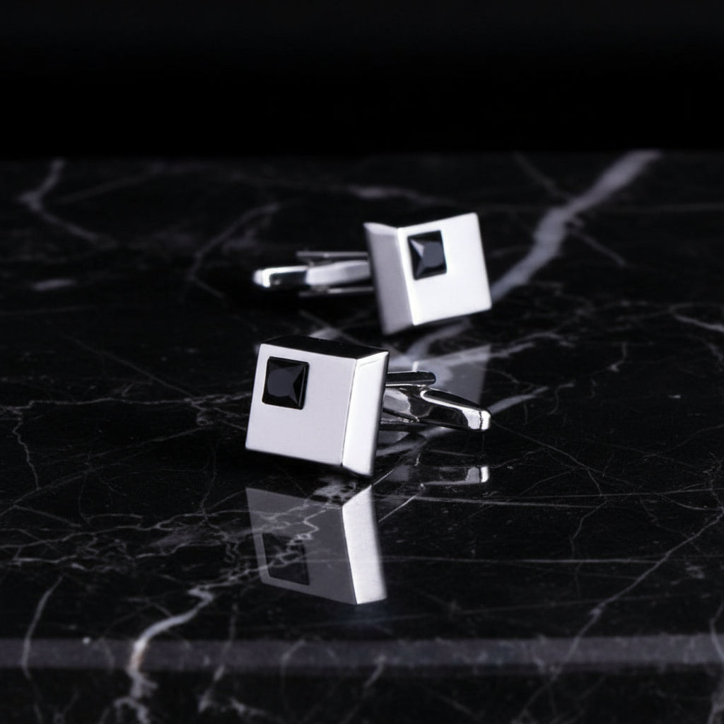 A Chrome, Black Color Rectangle Shape with Small Square Stones Cuff-links