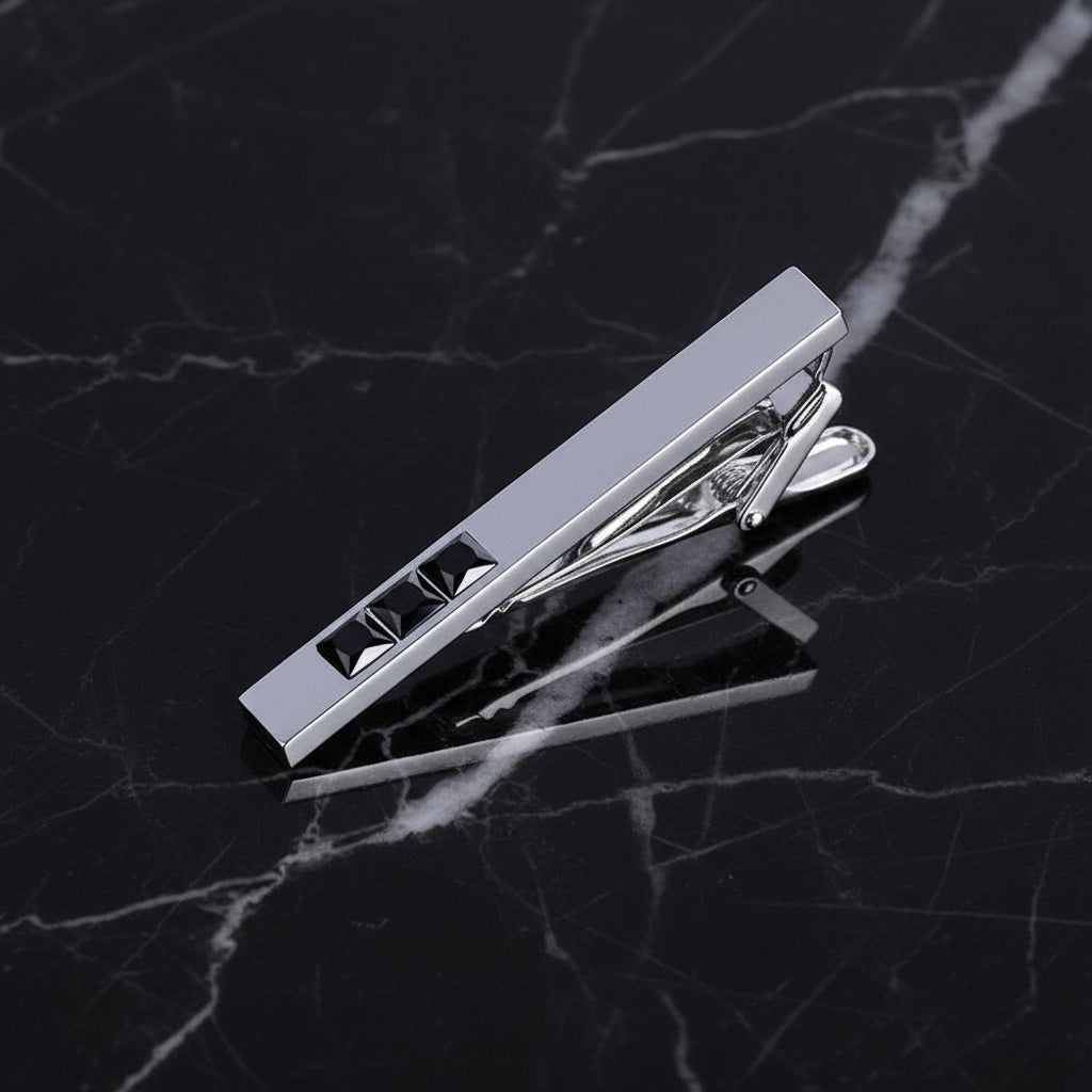 A Chrome, Black Color Rectangle Shape with Small Square Stones Tie Bar