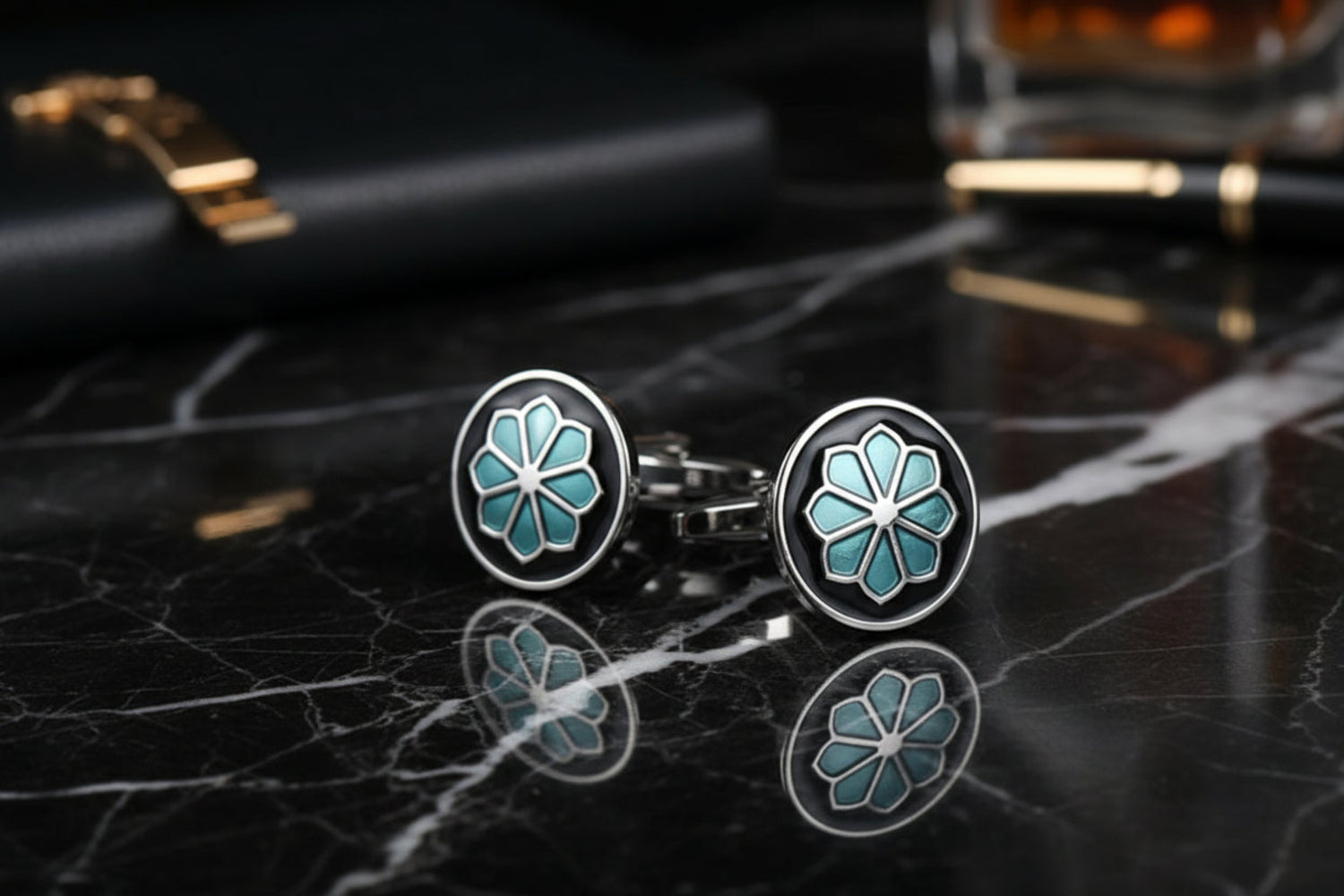 A Green Blue Colored Circle Shape with Flower Pattern Paid of Cuff-links