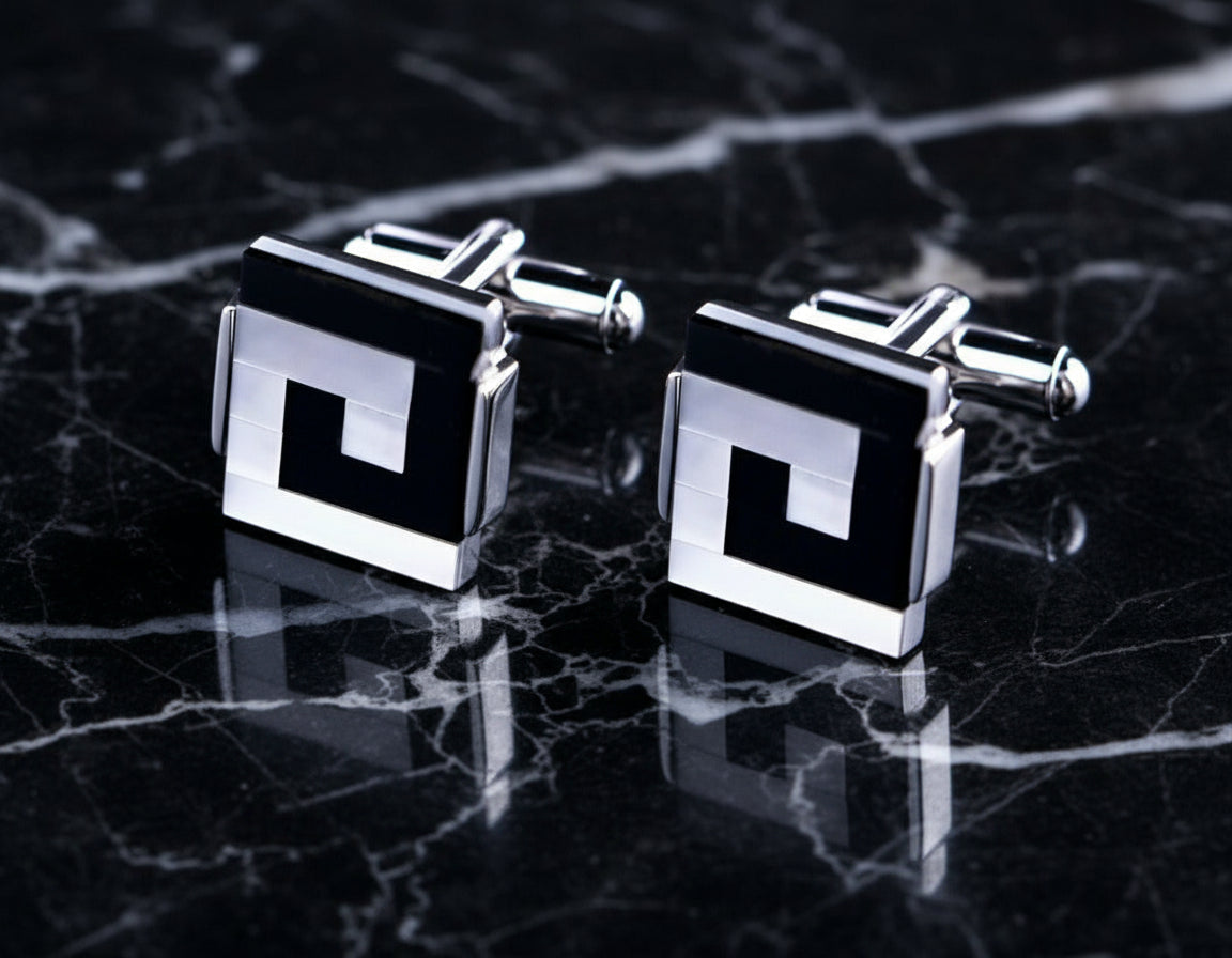 A Black with White Colored Square Shaped Cuff-links