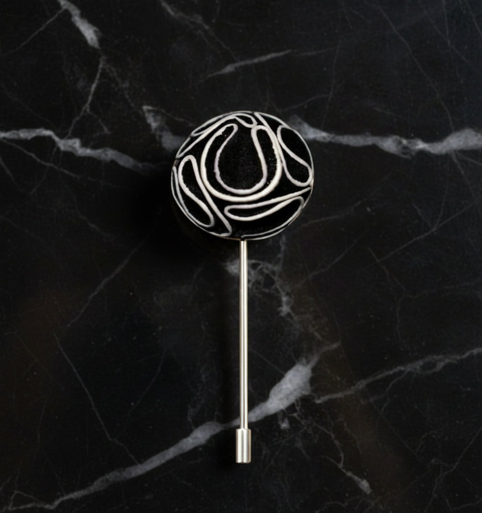 A Black, White Leafy Petal Flower Shaped Lapel Pin||Black, White