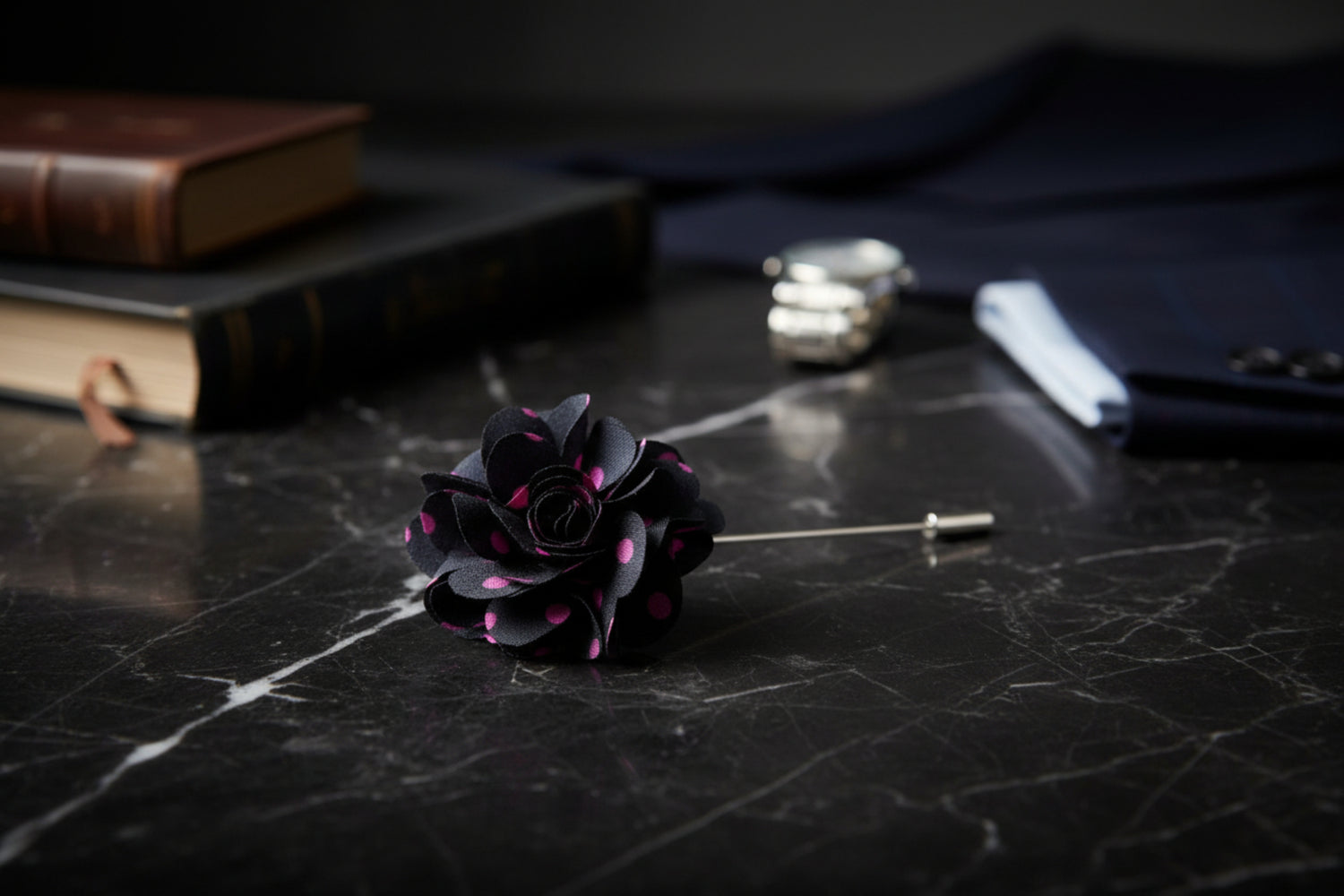 A Black, pink Polka Dot Lapel Flower||Black, Hot Pink